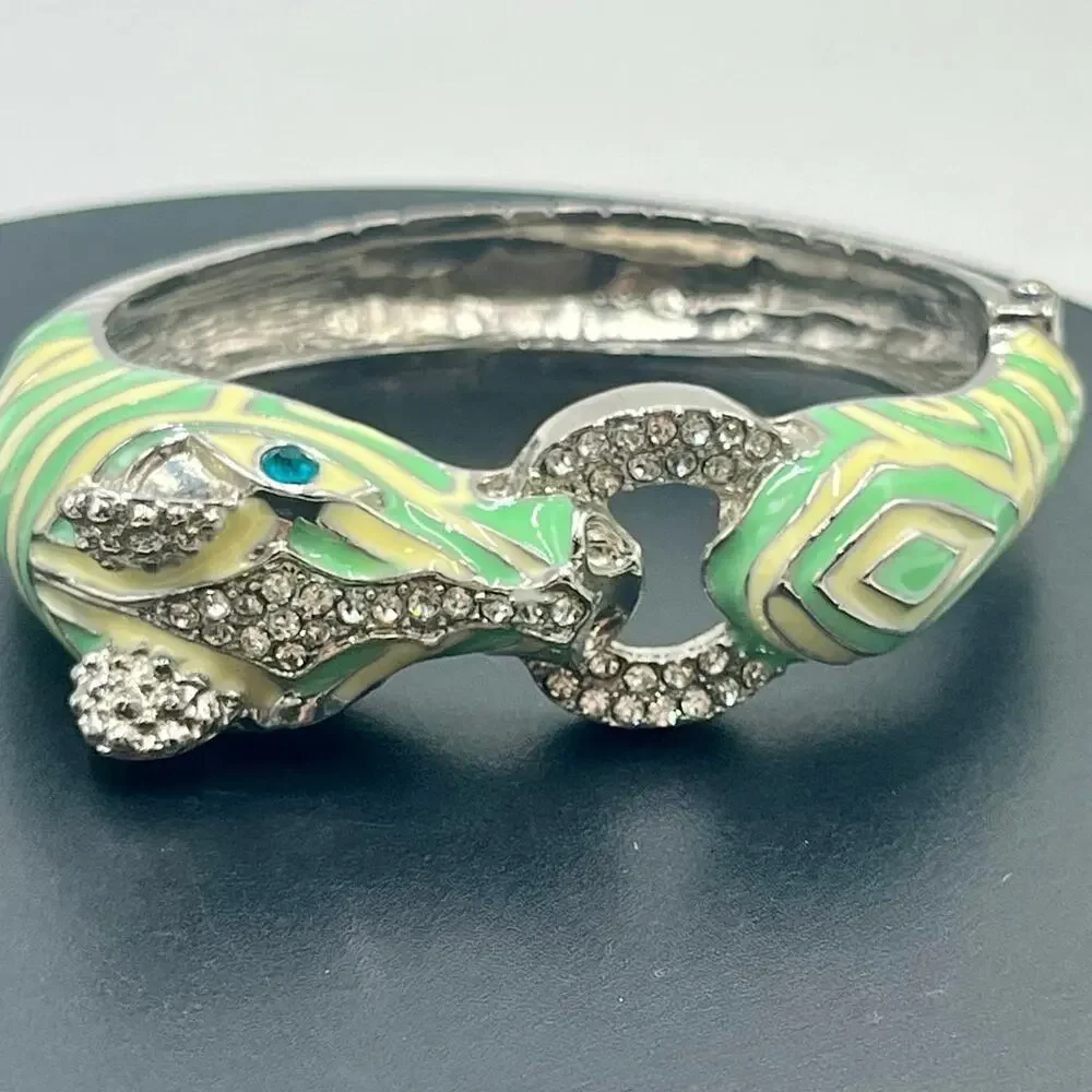 Mint and Cream Zebra with‎ Stripes Hinged Rhinestone Blue Eyes Bangle Bracelet
